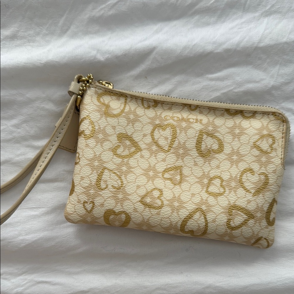 Coach Heart Pattern Gold and Cream Wristlet